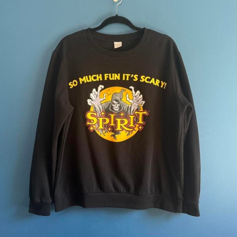 Spirit Halloween Crewneck Sweatshirt Size Large Black Logo Skeleton Spooky